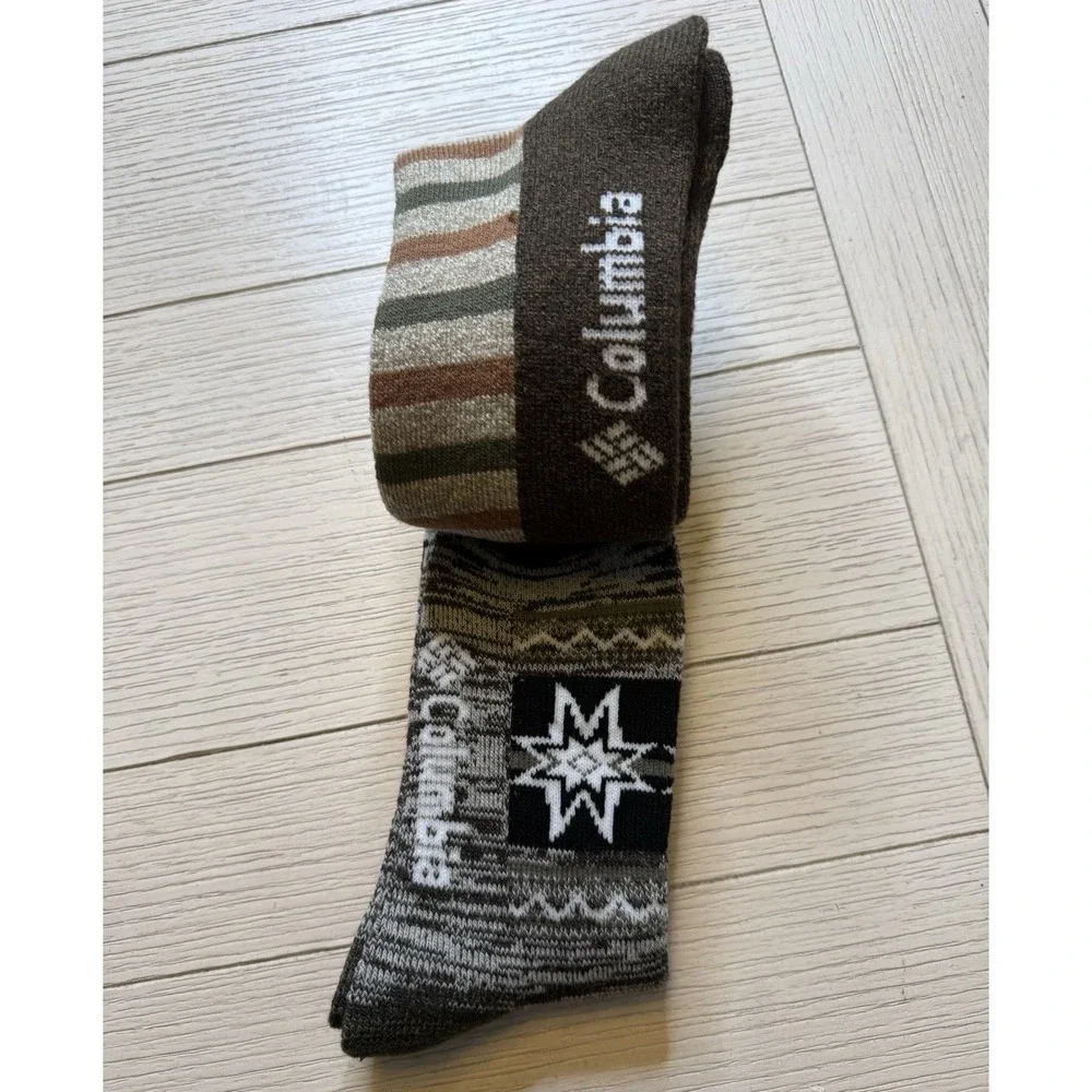 Columbia Mens 2 Pair Mens Acrylic Socks W/ Deer & Stripes.‎ NWT Shoe Sz 6-12